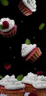 Aesthetic wallpaper of cupcakes with cream and berries on a black background.