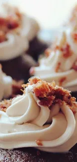 Close-up of moist chocolate cupcakes with creamy swirls and bacon bits.