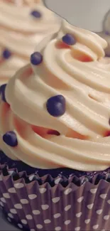 Close-up of cupcake with beige frosting and chocolate dots.