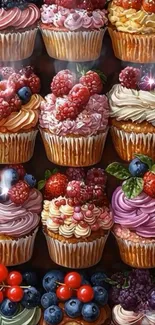 A colorful array of cupcakes topped with berries.