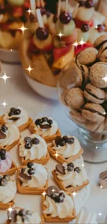 A variety of desserts arranged on a buffet table with pastries, fruits, and cookies.