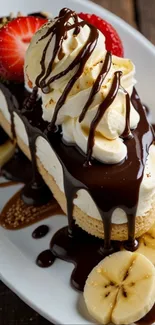 Indulgent dessert with chocolate drizzle on a plate.