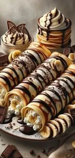 Gourmet chocolate crepes with banana slices and cream topping.