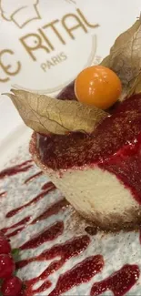 Cheesecake with berries and red sauce on a white plate.