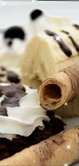 Dessert wallpaper with bananas, chocolate, and whipped cream.