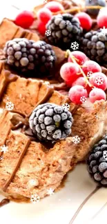 Scrumptious chocolate dessert with berries on elegant white plate.