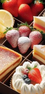 Assorted fruit-topped desserts and cakes display.