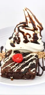 Chocolate brownie with ice cream dessert on a plate.