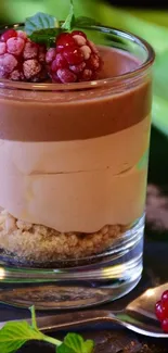 Layered parfait in glass with raspberries and mint.