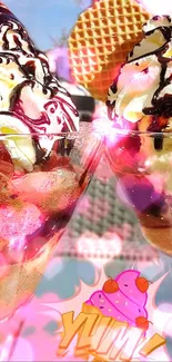Two ice cream sundaes with whipped cream and syrup on glass table.