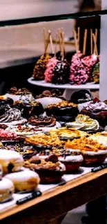 A vibrant display of assorted colorful desserts on a wooden table.