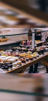 A colorful display of assorted desserts on a wooden table.