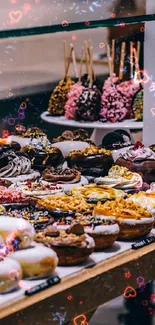 A display of assorted colorful desserts on a wooden counter.