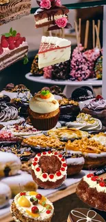 Colorful dessert display with cakes and cupcakes, perfect for any sweet lover.