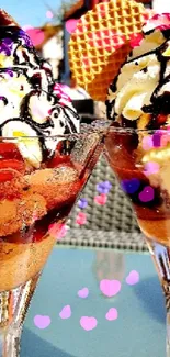 Delicious ice cream with chocolate, cherries, and cream in glass cups.