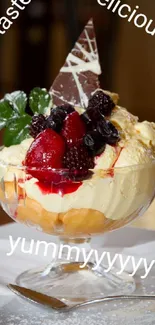Sundae dessert with berries and chocolate in a glass bowl on a plate.