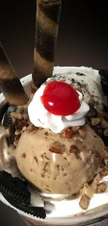 Chocolate ice cream sundae with cherry and cookies on black background.