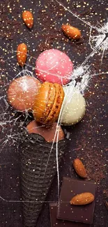 Colorful macarons with almonds on dark background.