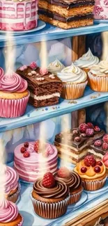 Colorful dessert display with cupcakes and cakes.