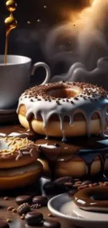 Stack of donuts with coffee cup and steam.