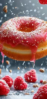 A vibrant donut with raspberry glaze and fresh berries.