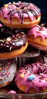 A stack of colorful donuts with sprinkles and chocolate glaze.