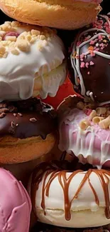 Stacked colorful donuts with various glazes.
