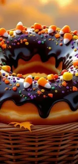 Chocolate-glazed donut with colorful candy sprinkles in a basket.