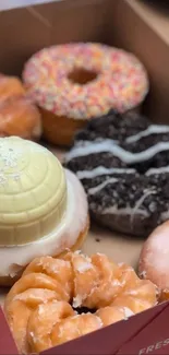 An assortment of freshly glazed donuts in a box.