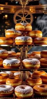 Stacked glazed donuts on a golden stand with vapor.