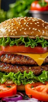Juicy cheeseburger with lettuce and tomato