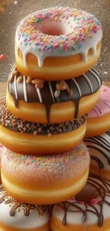 A stack of colorful and glazed doughnuts in a tempting display.
