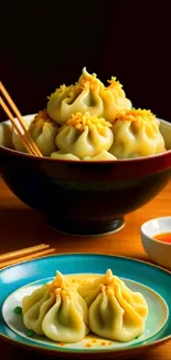 Appetizing dumplings in a decorative bowl with chopsticks.