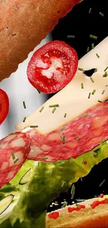 Floating slices of tomato, cheese, and salami against a dark background, artistic display.