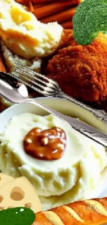 Vibrant food plate with fried chicken, mashed potatoes, vegetables, and rolls.