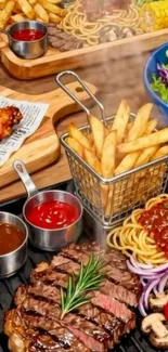 A colorful food spread featuring steak, fries, salad, and sauces.