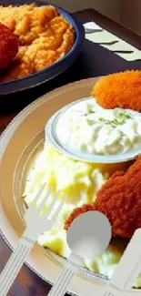 Fried chicken and mashed potatoes on a plate with cutlery.