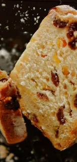 Close-up of a fruity cake slice with cherry toppings.