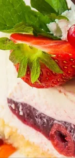 Close-up of a fruit-topped dessert with strawberries and mint leaves.