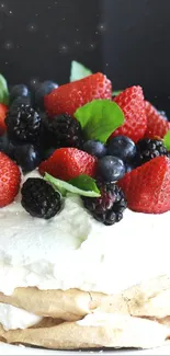 Plate of creamy dessert topped with fresh berries and mint.
