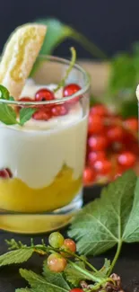 Glass dessert with creamy layers and berries.