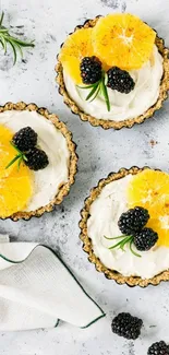 Fruit tarts with berries and oranges on a white plate.