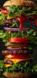Stacked gourmet burger with layers of toppings.