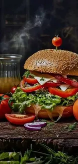 Gourmet burger with fresh tomatoes and cheese on a rustic background.