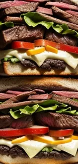 Close-up of a gourmet sandwich stack with meats and vegetables.