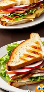 Grilled sandwich with vibrant layers on a plate.