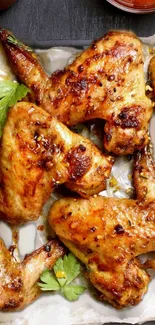 Golden brown grilled chicken wings on a tray.