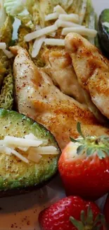 Healthy food wallpaper with avocado, chicken, and strawberries.