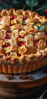 A rustic homemade pie with berries and leaves on top.