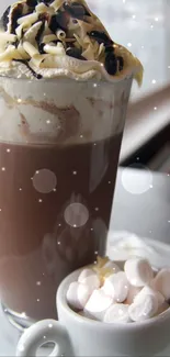 Glass of hot chocolate with whipped cream and a side of marshmallows.